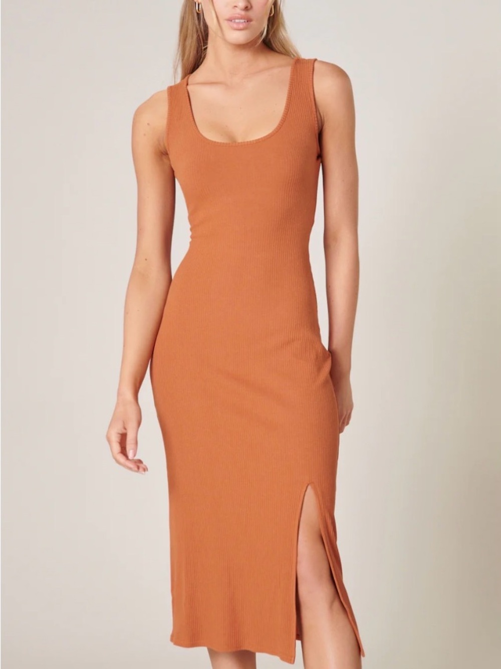 Skin Ribbed Scoop-Neck Midi Dress in Burnt Ochre
